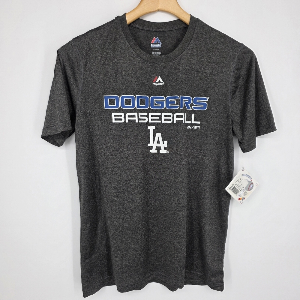 Majestic Dodgers Baseball Graphic Tee - Charcoal Gray with Blue & White Logo L.
